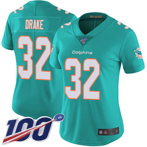 Nike Miami Dolphins 32 Kenyan Drake Aqua Green Team Color Women Stitched NFL 100th Season Vapor Limited Jersey